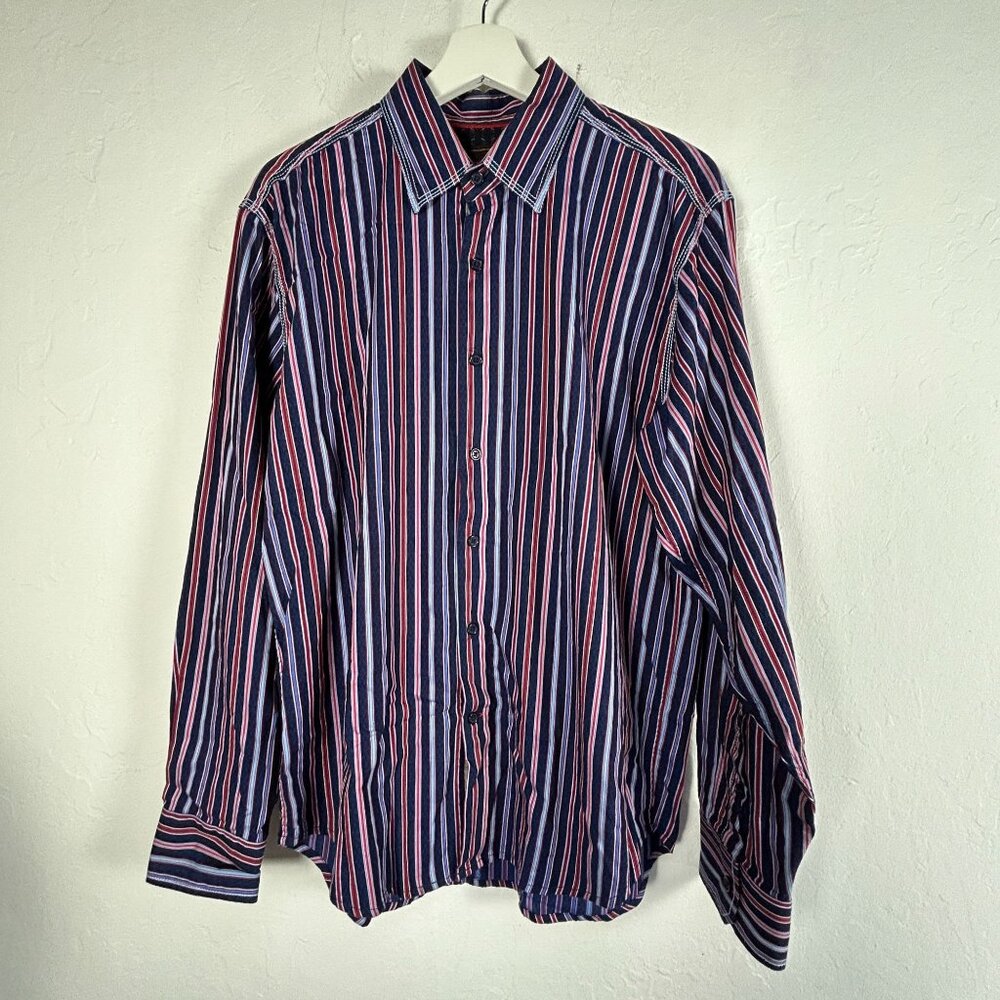 EQ Mens Striped Button-Up Long Sleeve Shirt Medium 100% Cotton Blue/Red Casual